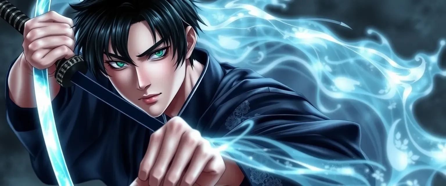 Young man with jet-black hair and piercing emerald eyes, wearing a dark haori with silver patterns, wielding a ghostly shimmering katana.