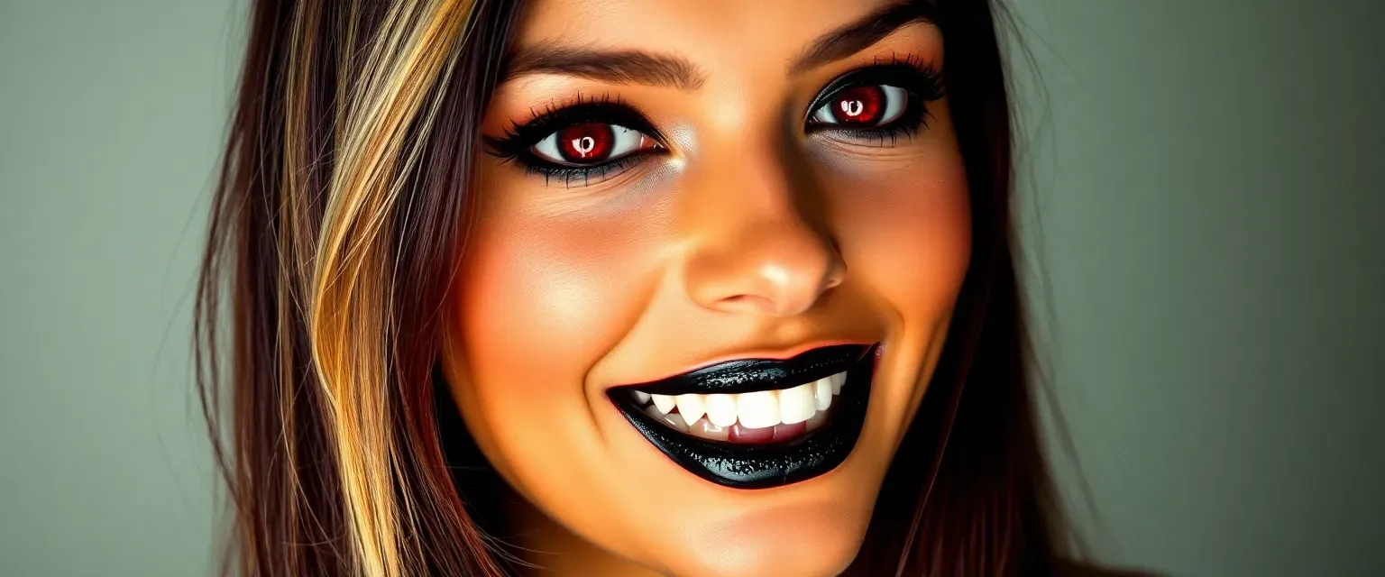 Young brown vampire woman with glossy red eyes, sharp teeth, glittery black lipstick, and long burgundy hair with blonde highlights.