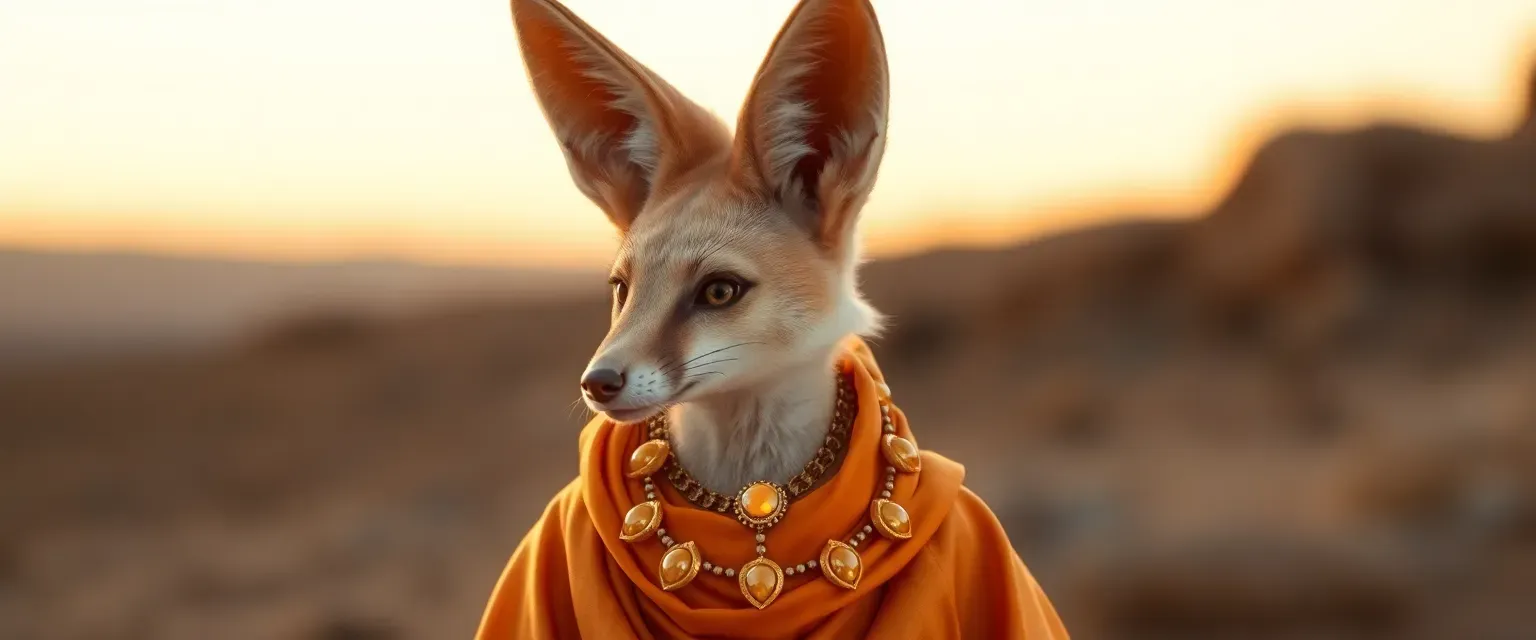 Anthropomorphic fennec fox, 35, sandy beige fur, large ears, sunset-colored silk robes, golden opal circlet.