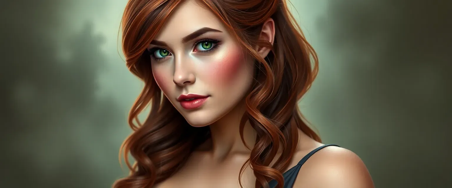 26-year-old woman with green eyes, light copper hair with dark roots, curvy, wearing an elegant dress.
