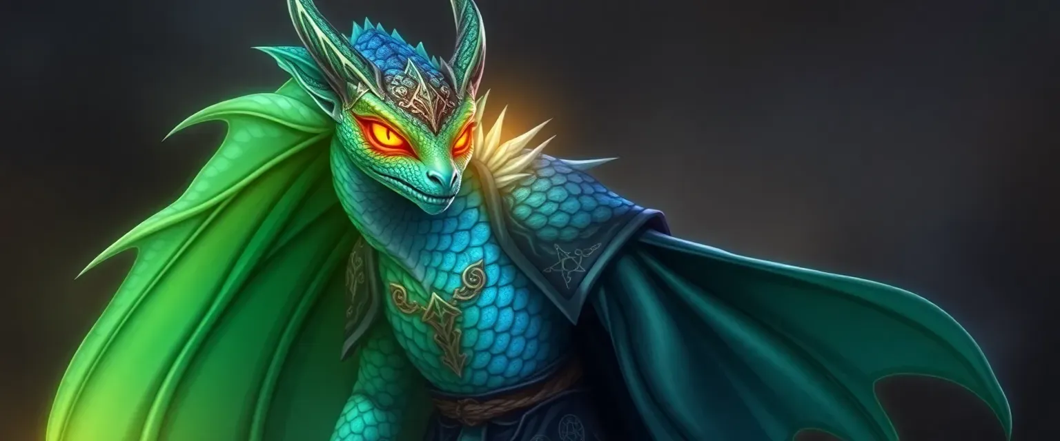 Tall mage hybrid with shimmering emerald and sapphire scales, amber glowing eyes, wearing silk robes with runes and a shifting cloak.