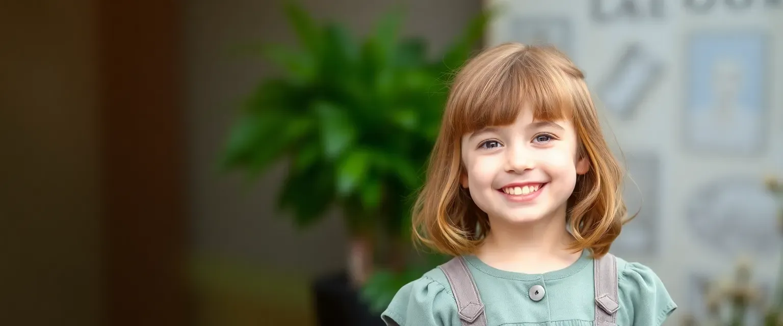 Young girl with chestnut hair and a bright smile, wearing a neat dress and sturdy shoes.