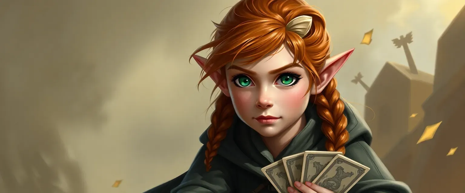 A halfling with chestnut hair in a braid, green eyes, wearing cleric robes, holding a deck of cards.