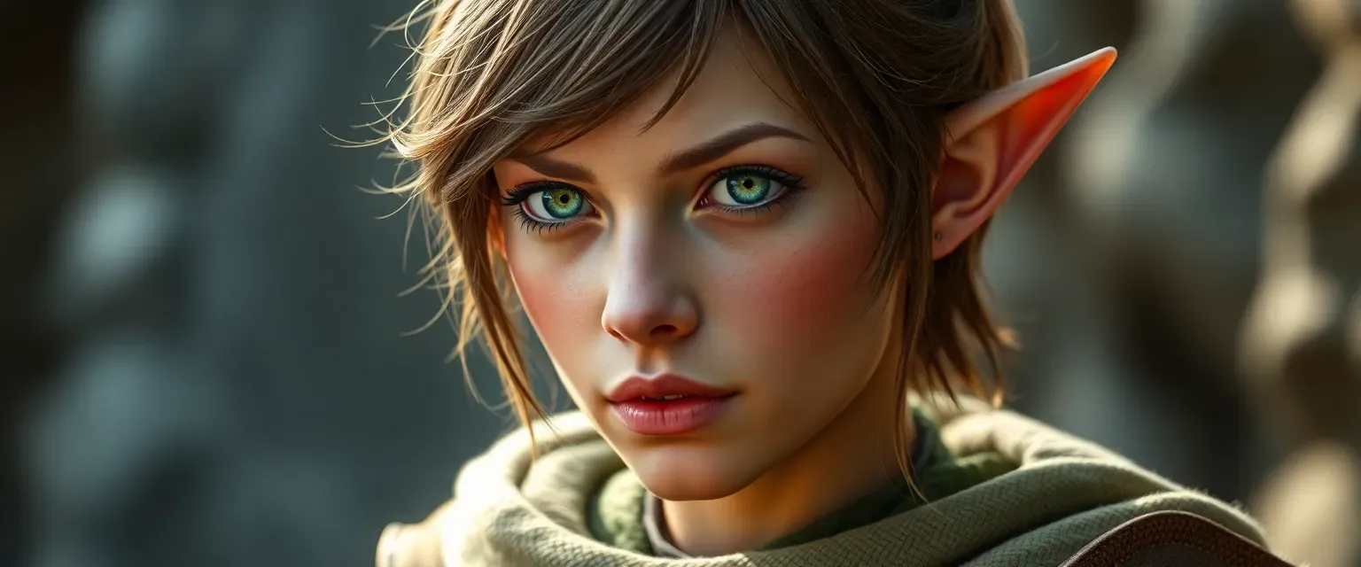 30-year-old female elf soldier, tan skin, short brown hair, emerald eyes, battle scars.