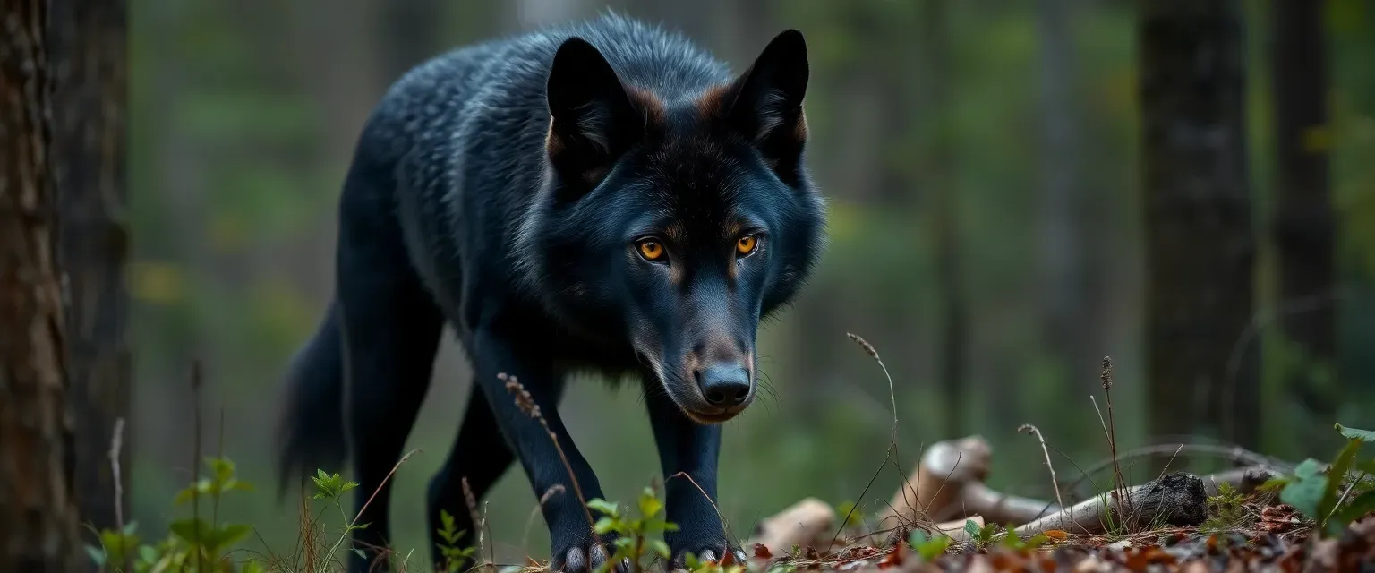 Adult female wolf with deep black fur and amber eyes, roaming North American forests.