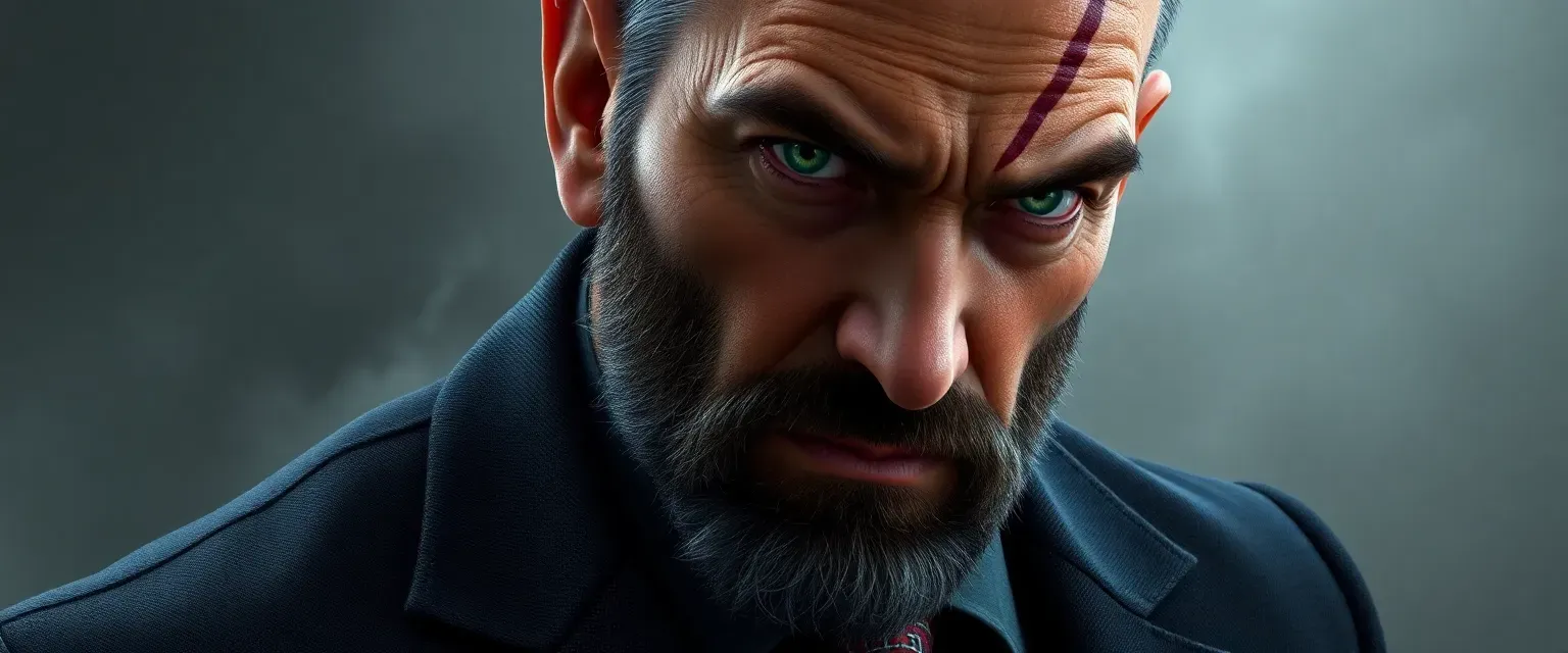 Rugged man in his 30s, scar on left face, dark suit, piercing green eyes.