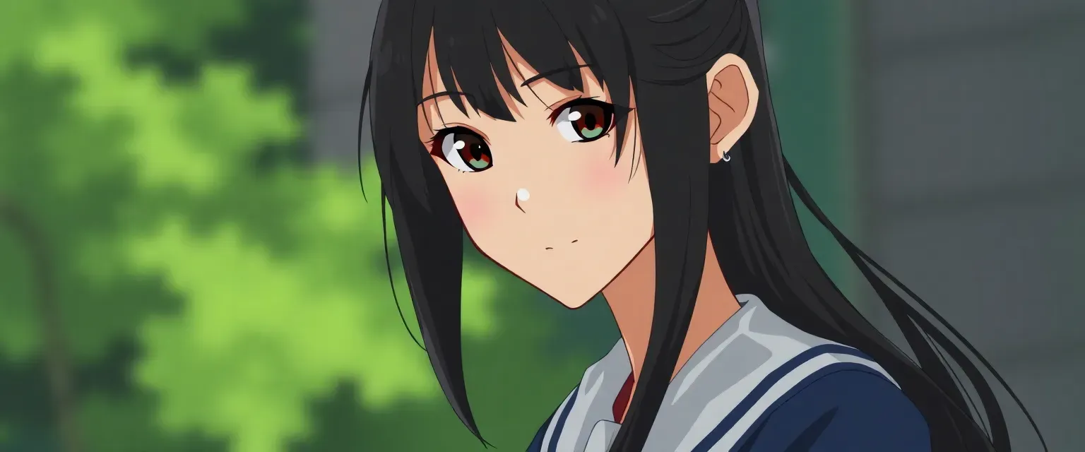 16-year-old Japanese girl with long black hair, brown eyes, and a small scar on her cheek, wearing a school uniform.