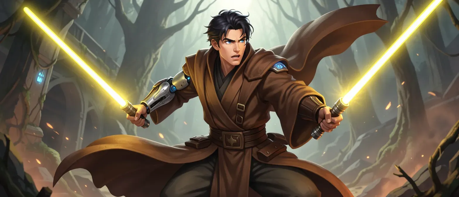 20-year-old Jedi Sentinel Fenn Kavos with cybernetic left arm, dark hair, blue eyes, brown robes, wielding two yellow lightsabers.
