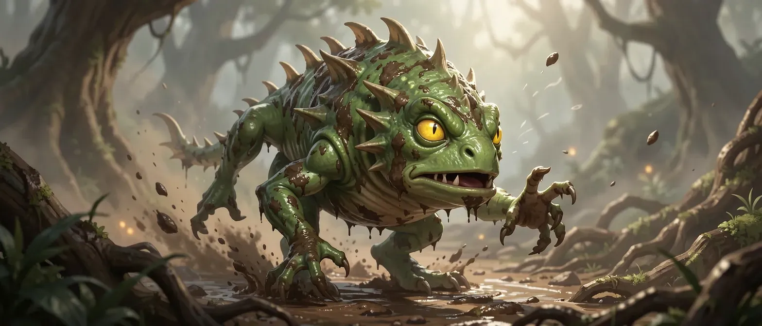 A small, mud-covered mireling monster with slick green skin, yellow eyes, and bony ridges, humming softly in rags.