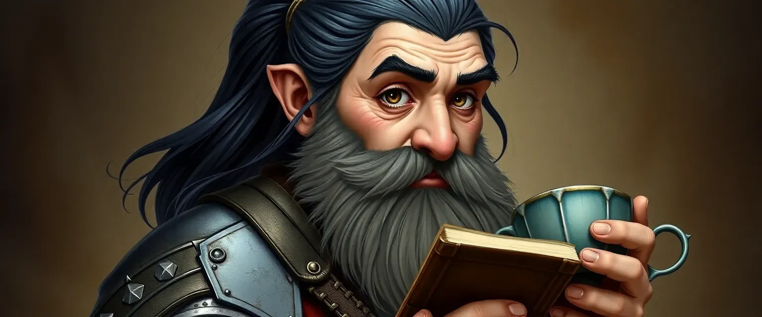 Middle-aged dwarf with hazel eyes, black hair in a ponytail, wearing mithril armor, holding a book and a teacup.