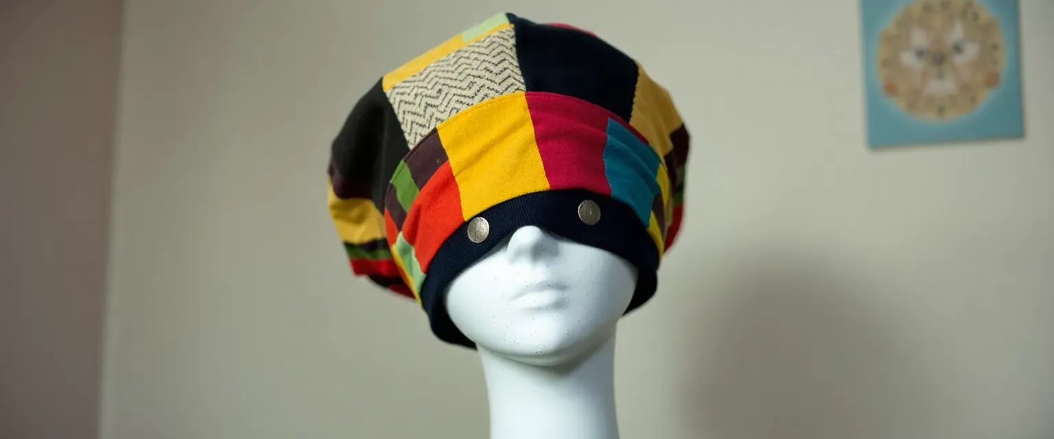 Living hat on a featureless mannequin, adorned in bright patchwork, blindfolded.