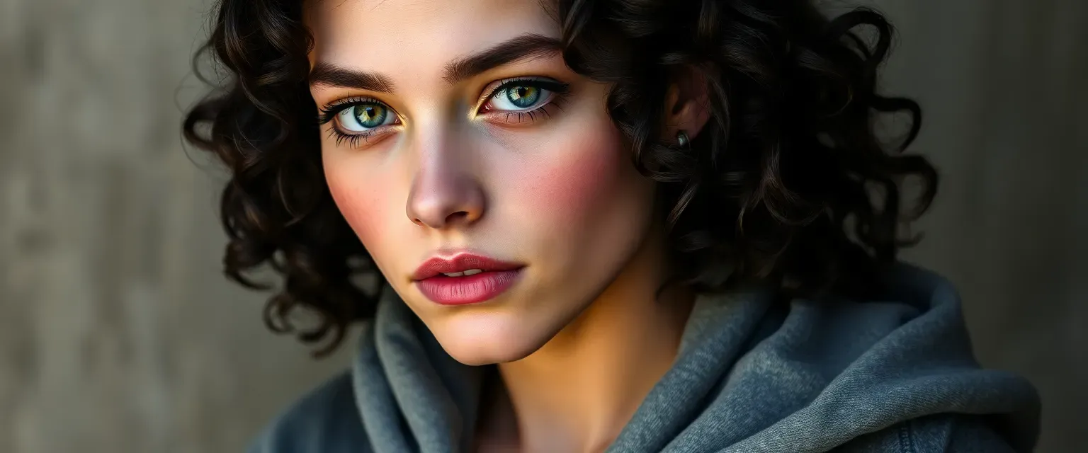 Young woman with dark curly hair, sharp features, pale skin with scars, wearing oversized hoodies and jeans.