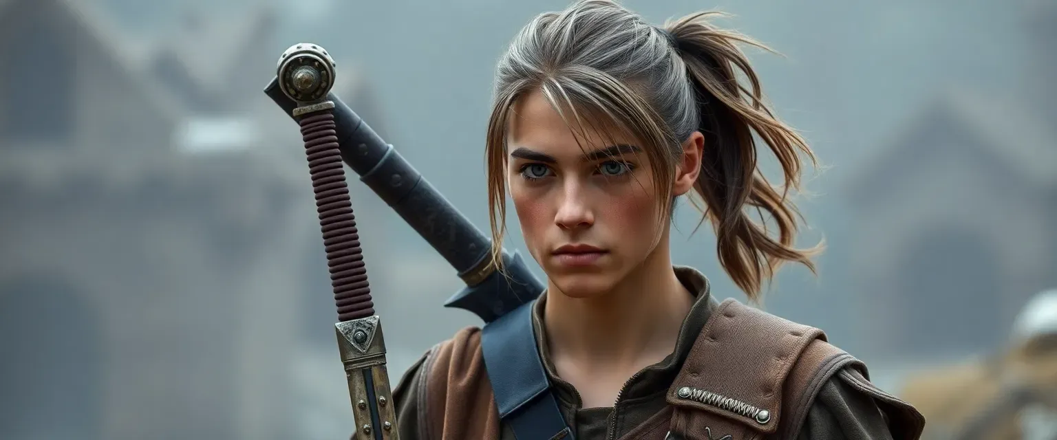 Young man with gray-streaked brown hair in a ponytail, wearing a worn leather jerkin and carrying a nicked sword.