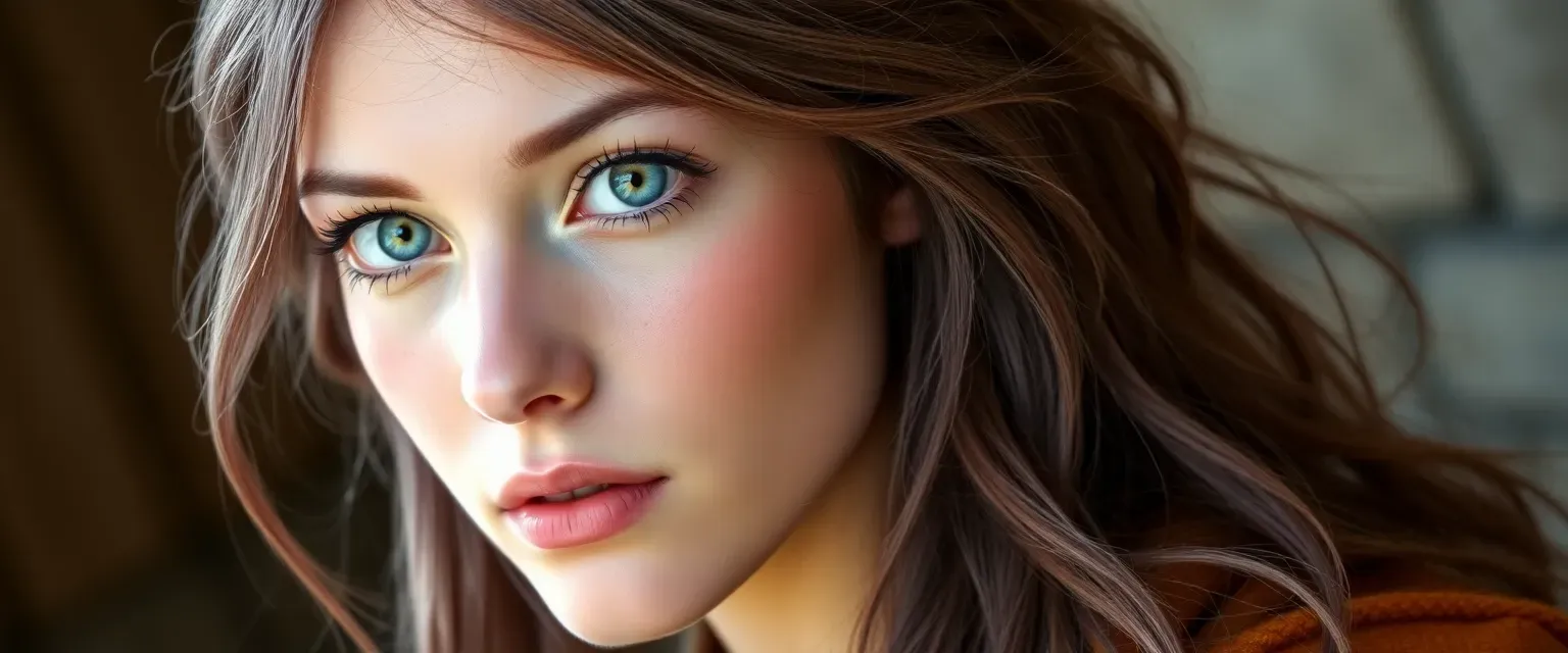 Young woman with long mauve hair, light blue eyes, and freckles, dressed in simple, elegant garments.