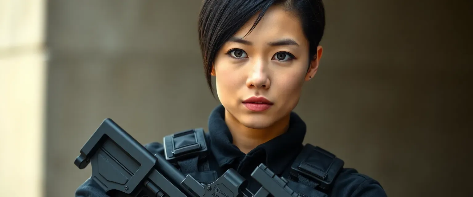 Asian-American SWAT officer, athletic build, early 30s, with short black hair, striking dark eyes, and pouty lips. Wearing tactical gear with visible scars on face.