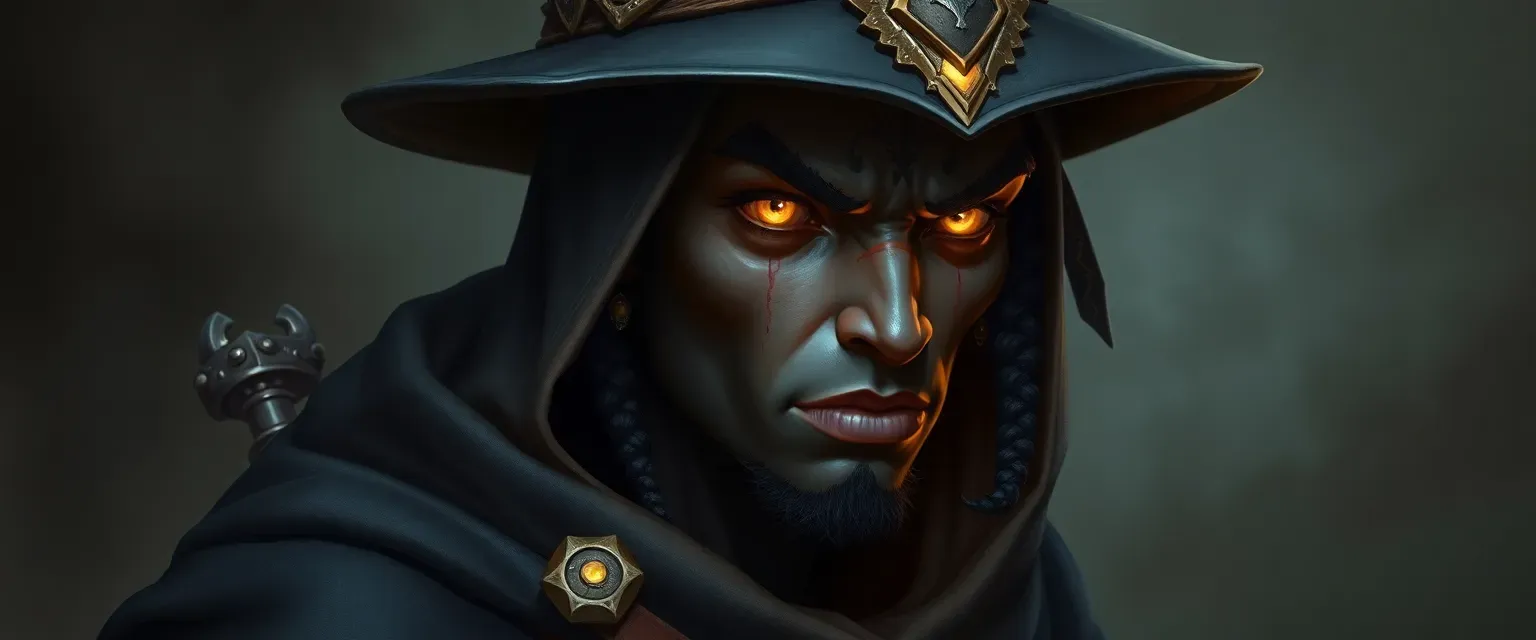 Charcoal-skinned Heru rogue with yellow eyes, adorned in a night-blending cloak and a wide-brimmed hat, covered in shimmering tattoos and shiny trinkets.