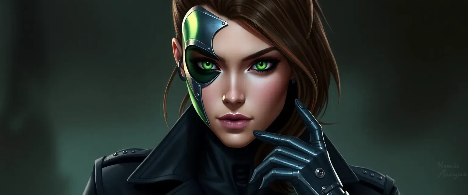 27-year-old cyborg spy with half her face and arm metallic, green eyes, wearing a dark bodysuit and trench coat.