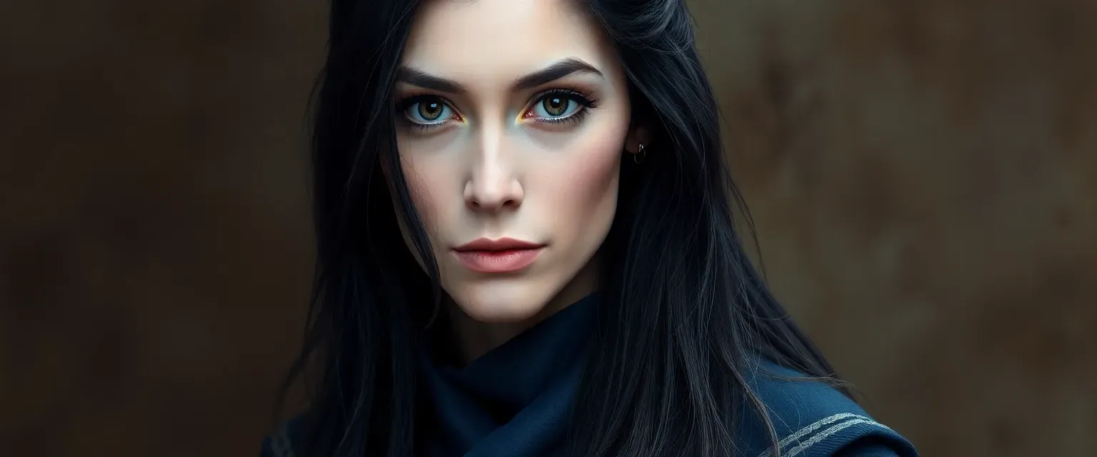 Pale woman in her late 30s with dark eyes, long black hair, wearing a midnight blue robe with silver threads.