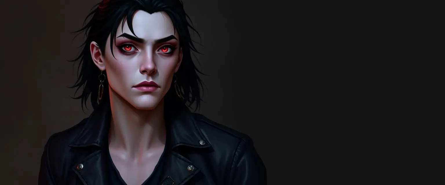 Pale-skinned vampire with jet-black hair and crimson eyes, wearing a leather jacket and combat boots.