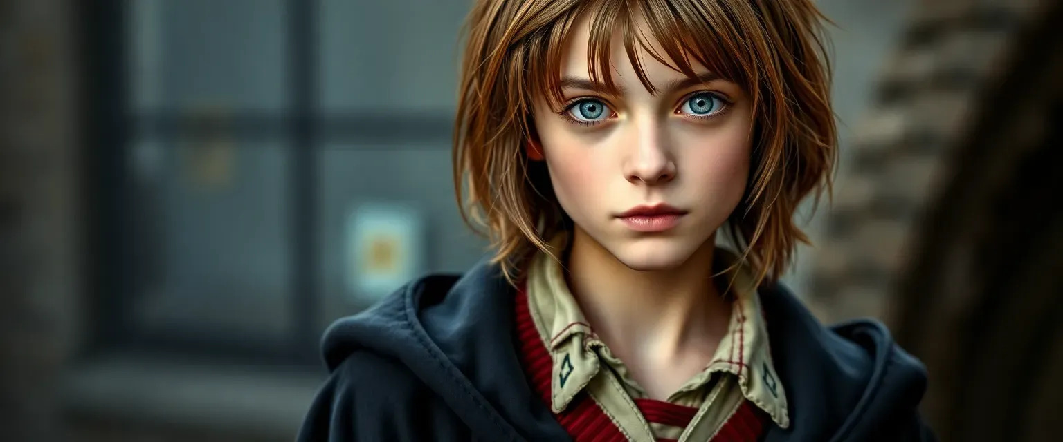 14-year-old wizard, thin with unkempt brown hair and gray eyes, wearing worn Hogwarts uniform.