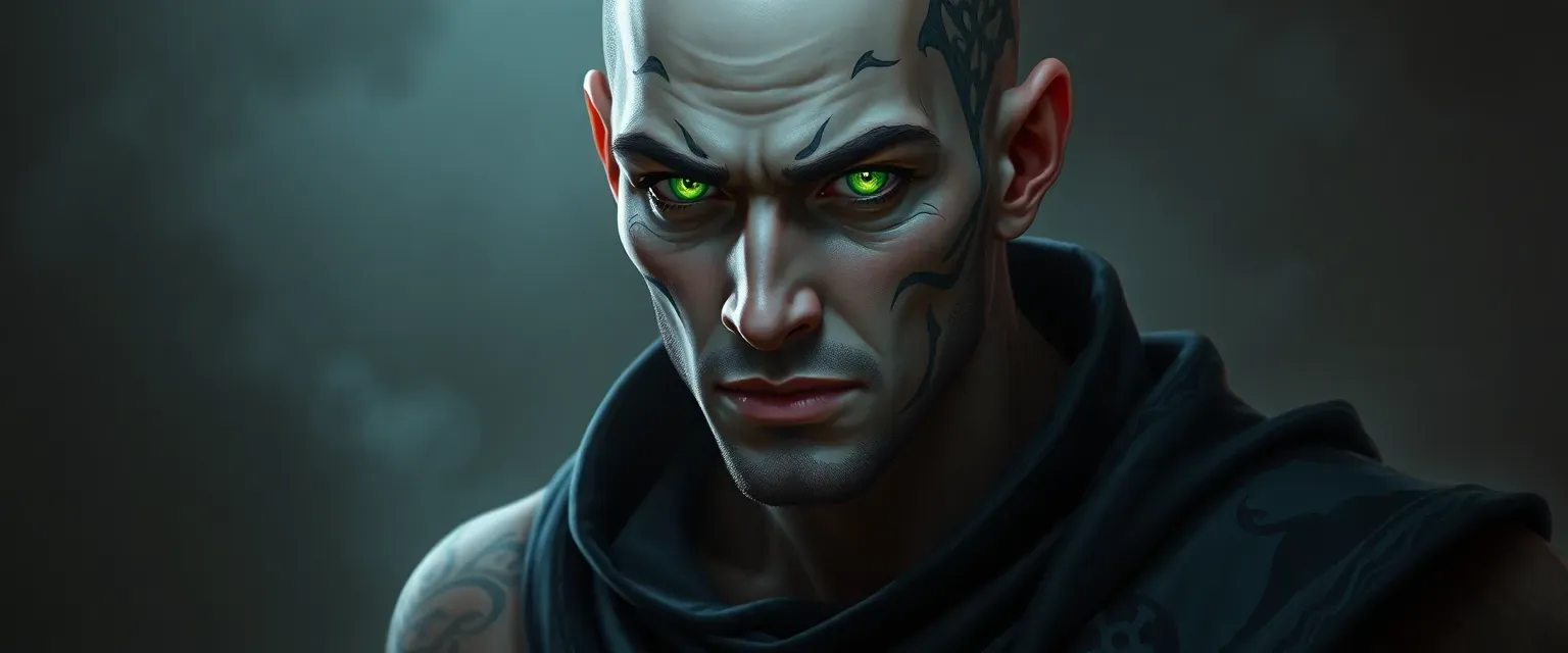 Lean man in his thirties with pale skin, intricate tattoos, glowing green eyes, and dark robes with arcane symbols.
