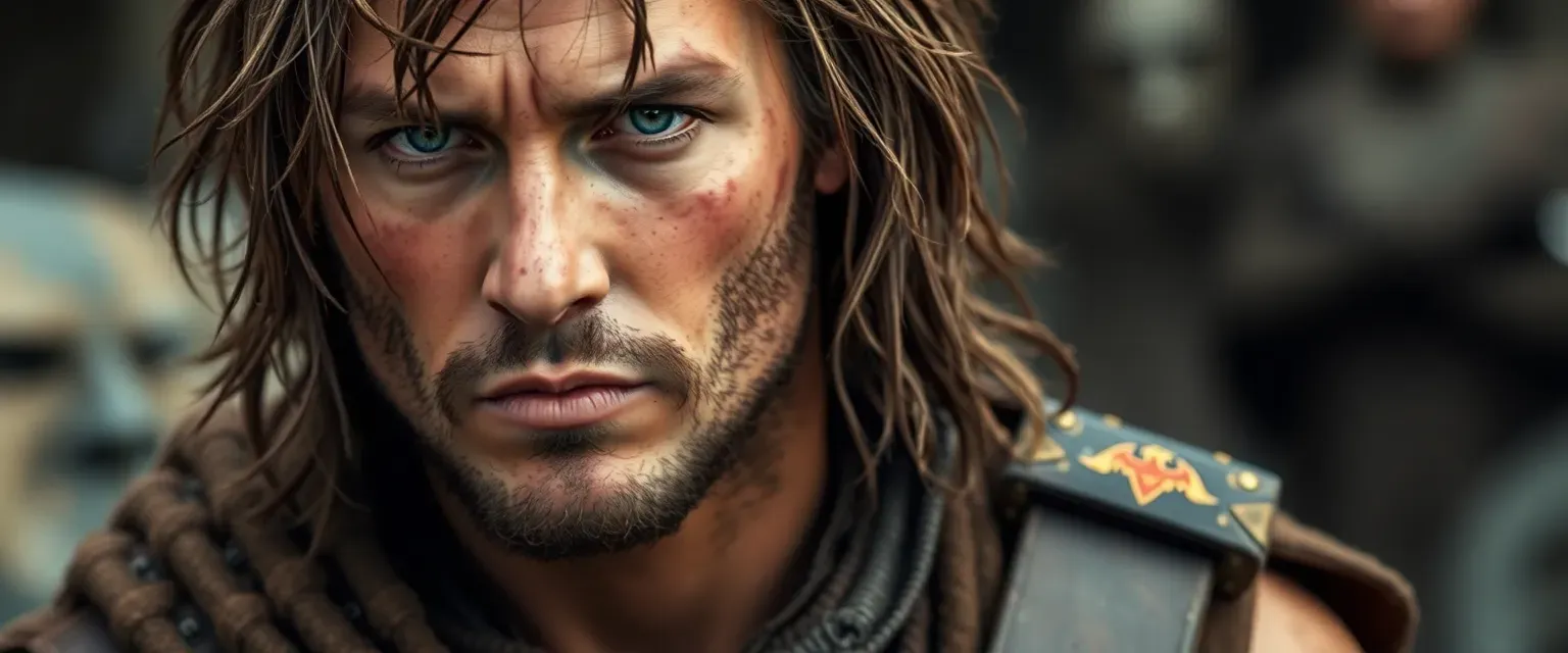 27-year-old warrior, rugged with scars, unkempt hair, sorrowful eyes, dressed in worn-out combat gear.