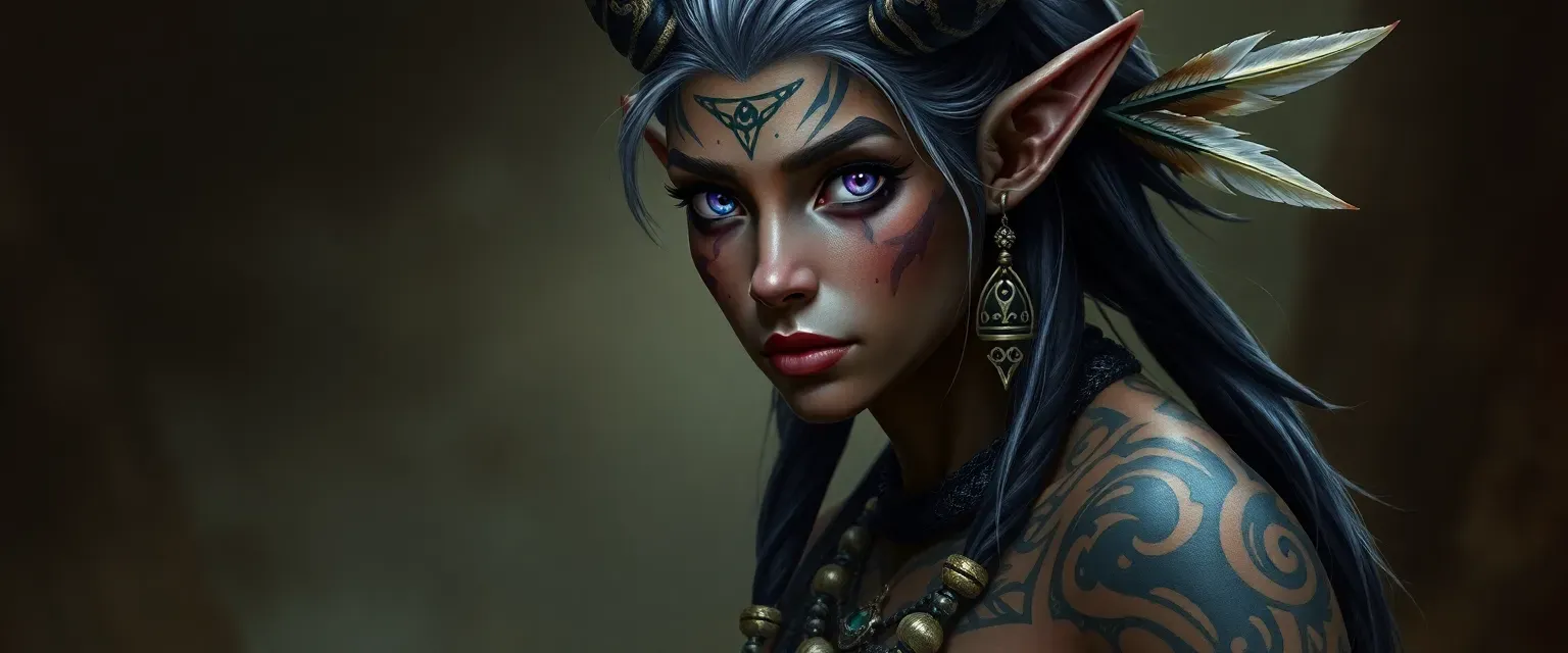 Tiefling Druid, 30, with dusky skin, intricate tattoos, violet eyes, silver-black hair adorned with feathers and bones, wearing nature-inspired attire.