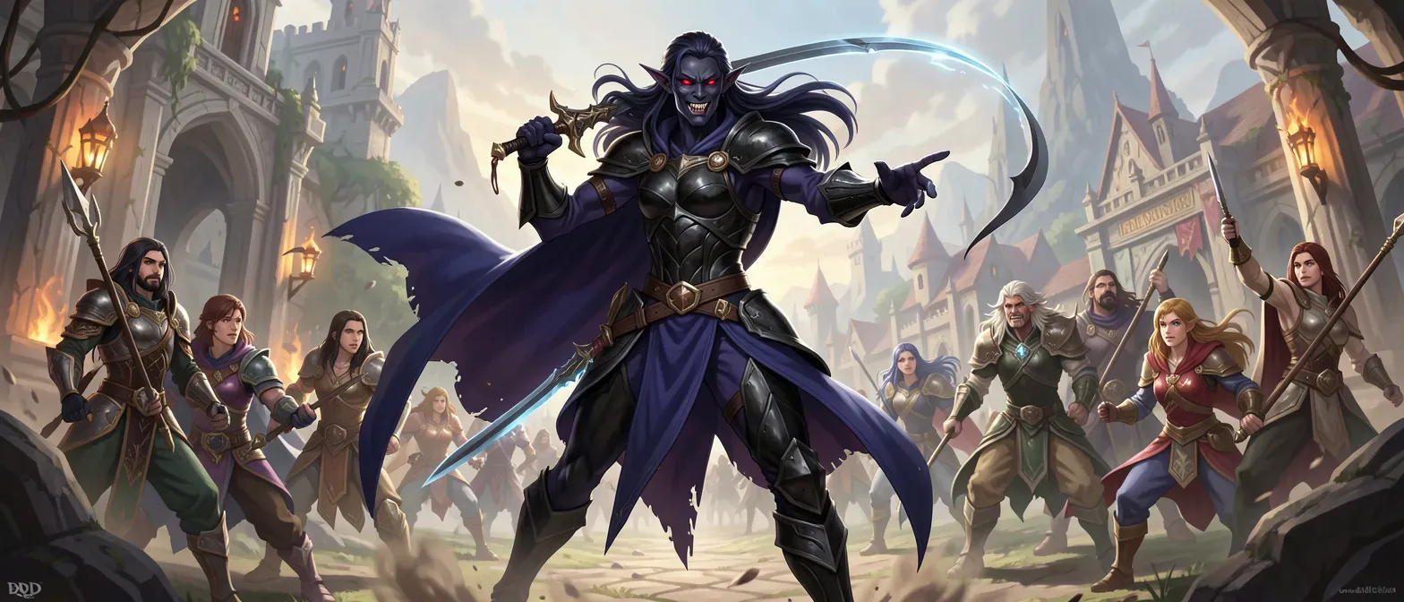Tall, lean shadar-kai dhampir elf, 35, obsidian skin, crimson eyes, long raven hair, fangs, black leather armor with indigo cloak, curved soulblade at belt, tracing fox charm quirk.
