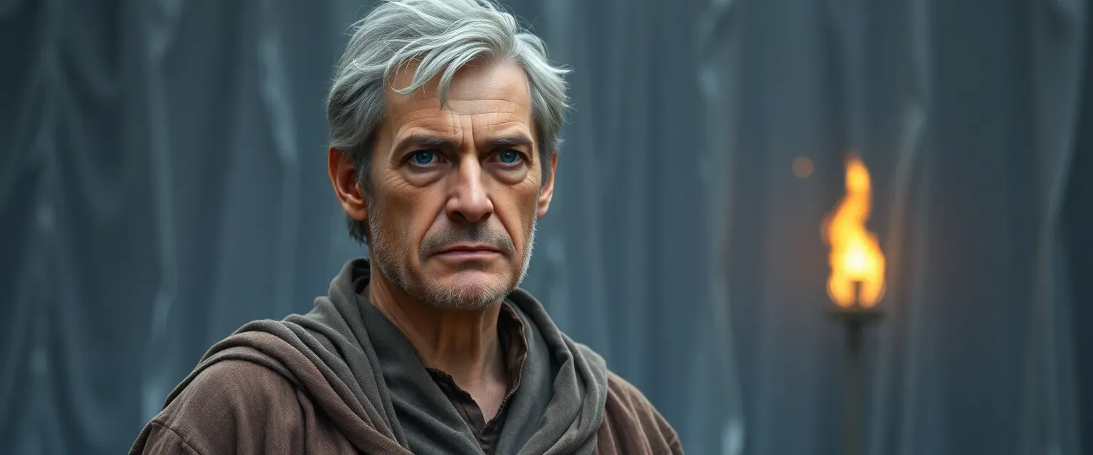 A tired man in his 40s with gray hair and blue eyes, wearing a faded robe, standing before a magical barrier.