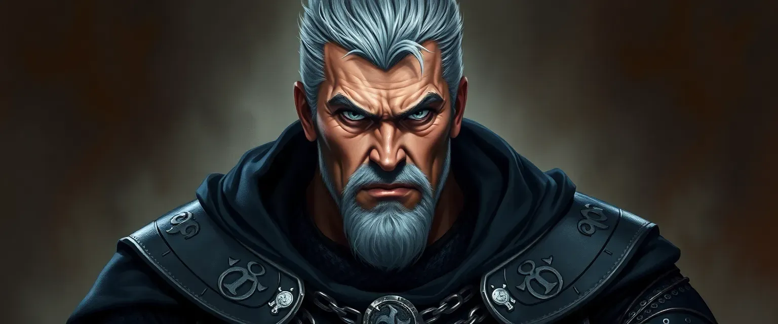 A tall, muscular man in his late forties with gray-streaked hair and piercing gray eyes, wearing a dark robe over chainmail, adorned with Tempus' symbols.