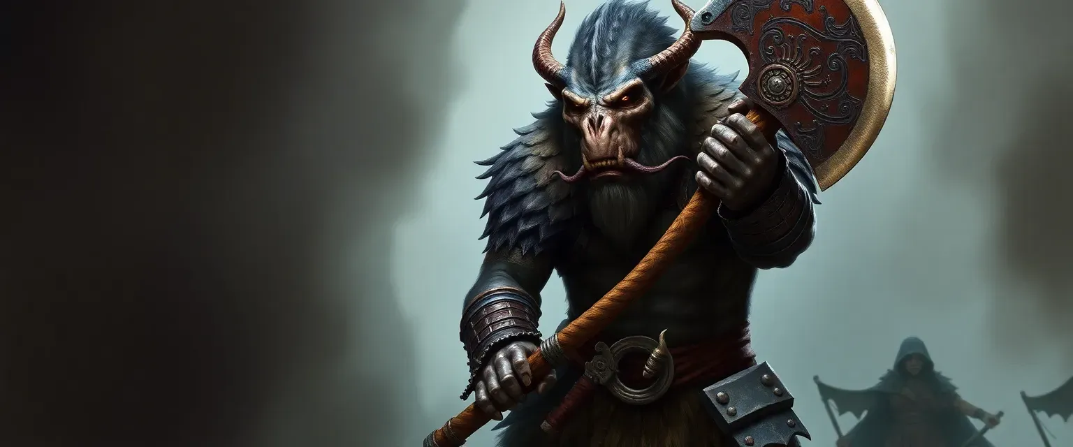 7'4" bugbear barbarian, 1,225 years old, wearing dragon scale armor, wielding a large battle-axe.