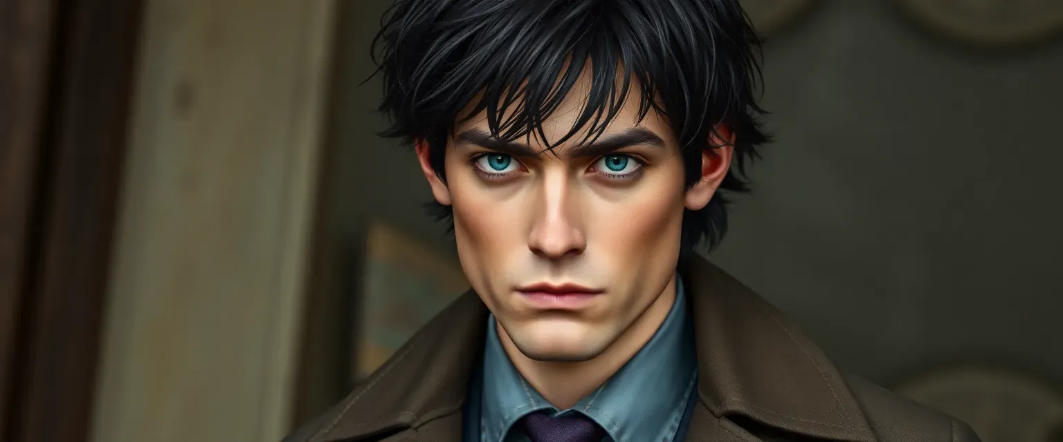Tall man in his early thirties with disheveled dark hair and piercing blue eyes, wearing a rumpled suit and trench coat.