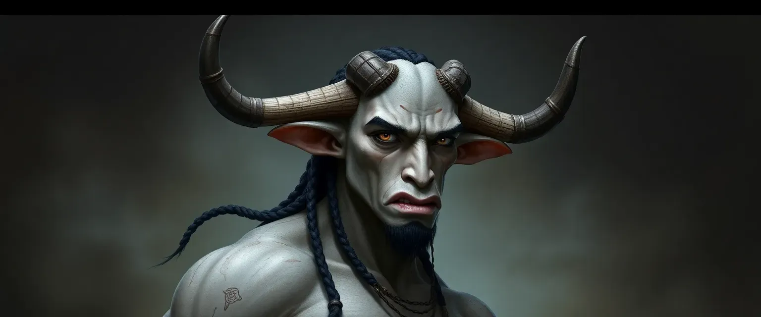 6'7" tall demi-human with Highland Cow traits, dark eyes, pale scarred skin, horns, muscular build, black braided hair.