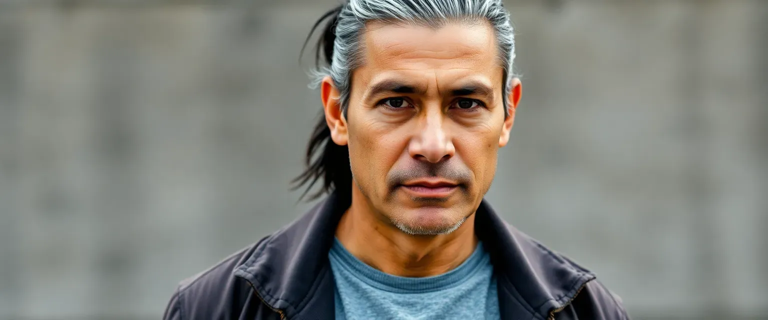 A 40-year-old Mexican man with dark eyes, gray-streaked black hair in a ponytail, wearing a t-shirt, jeans, and a jacket.