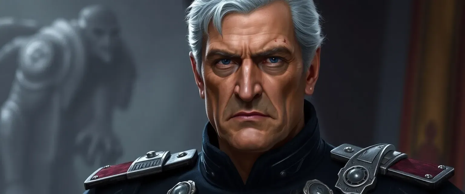 A fifty-two-year-old Imperial commander with silver hair, gray eyes, and a scarred, imposing figure in a decorated uniform.