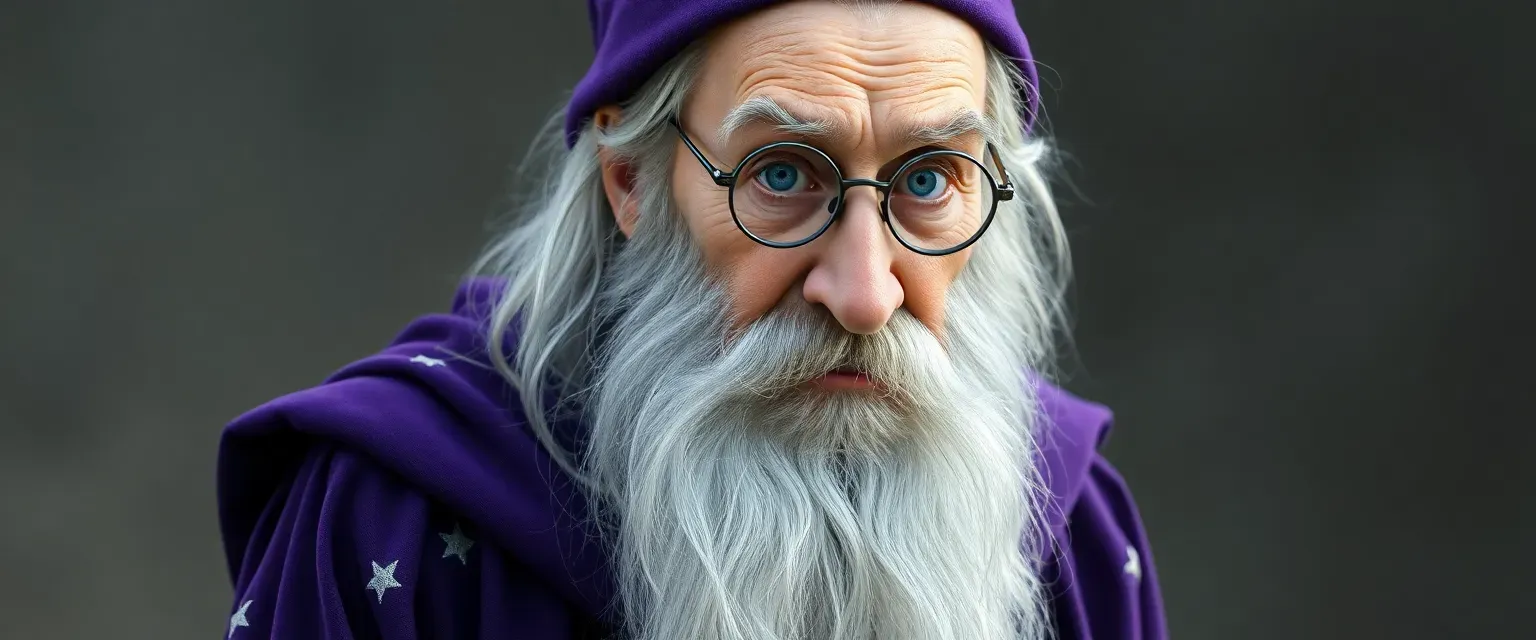 Elderly wizard, tall and thin, silver beard, purple robes with stars, half-moon spectacles, piercing blue eyes.