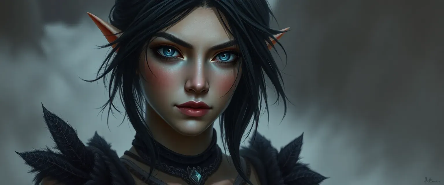 Half-elf reborn with ashen skin, black dyed hair, soft-spoken with a haunting melody in her voice.