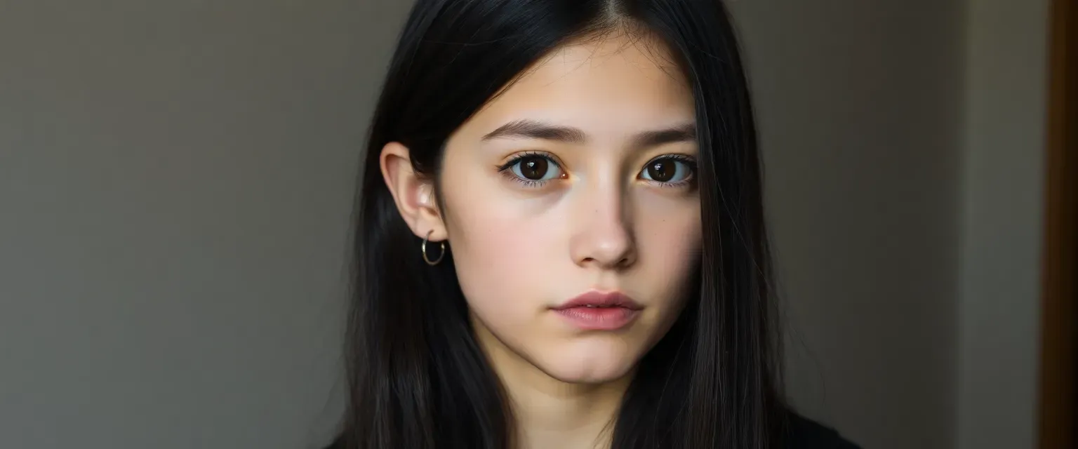 16-year-old girl, long dark straight hair, big dark melancholic eyes, pale skin, oval face, small lips and nose, average build, dark clothes, silver earrings.