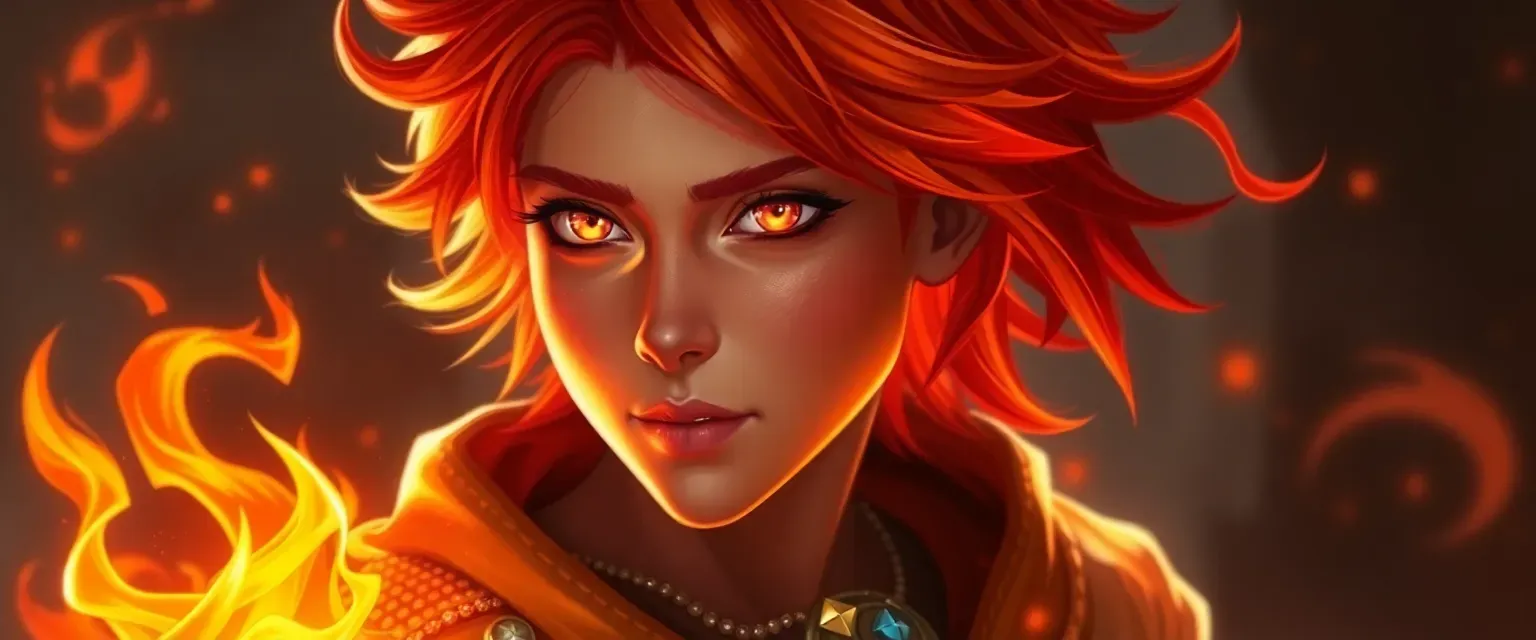 Youthful figure with flame-colored hair and shifting eye colors, wearing shimmering, shifting garments with moving trinkets.