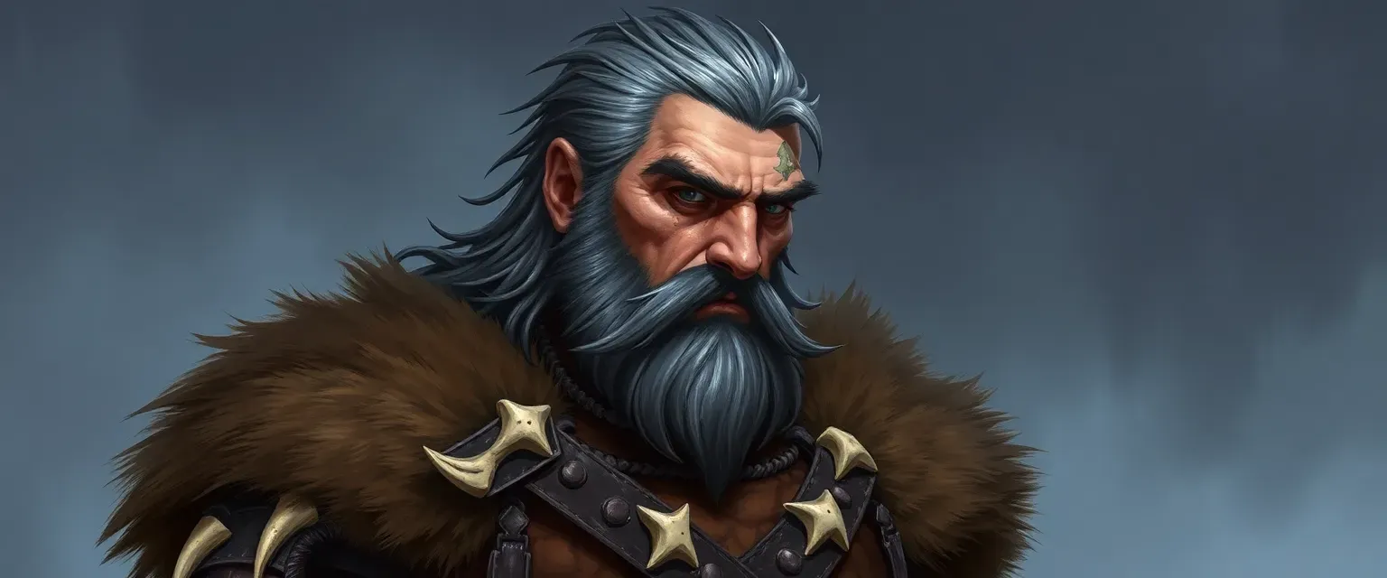 A tall, imposing man with gray-black hair and a scar, wearing fur-lined cloak and bone-adorned leather armor.