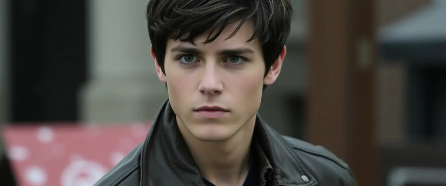 19-year-old Hale with dark brown hair, green eyes, wearing a worn leather jacket, a small scar on his left cheek.