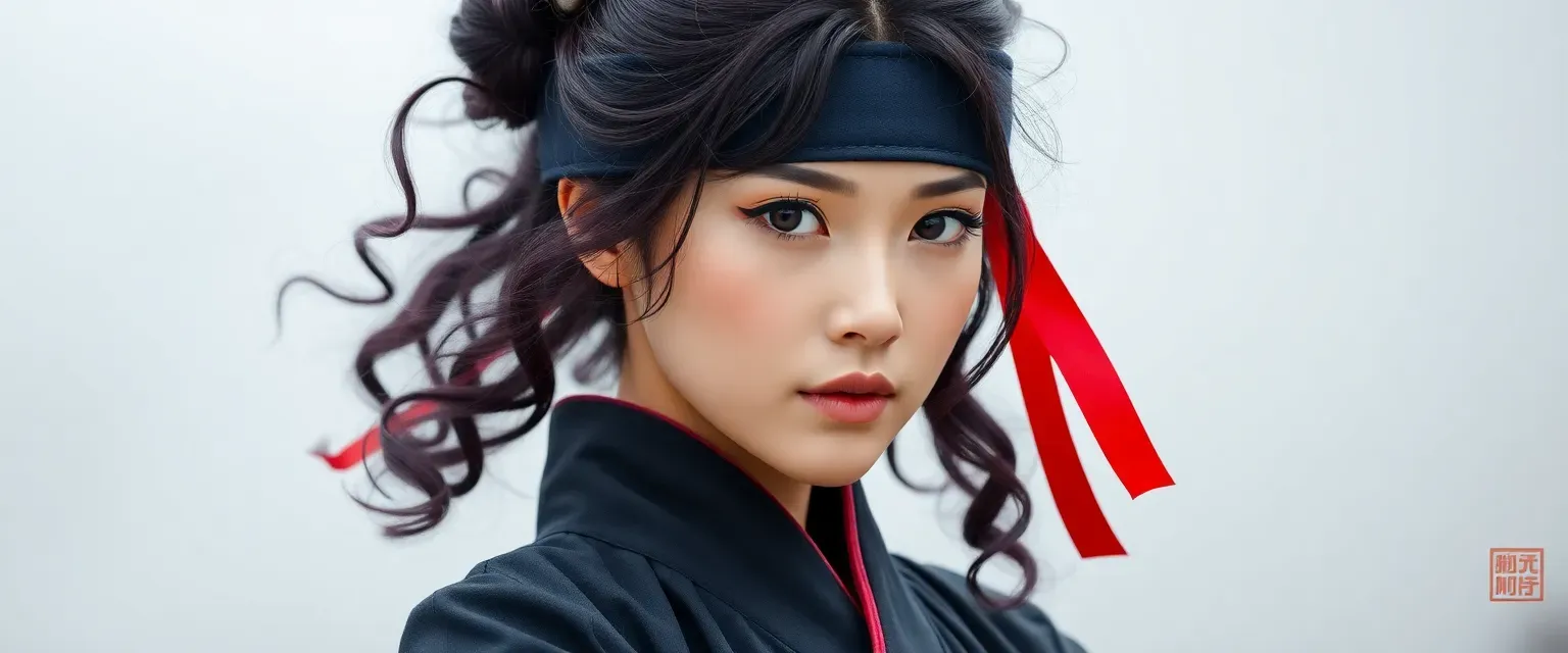 Young Xianzhou woman, curly dark purple hair in bun, dark blue blindfold, black fighter Hanfu with red ribbon.