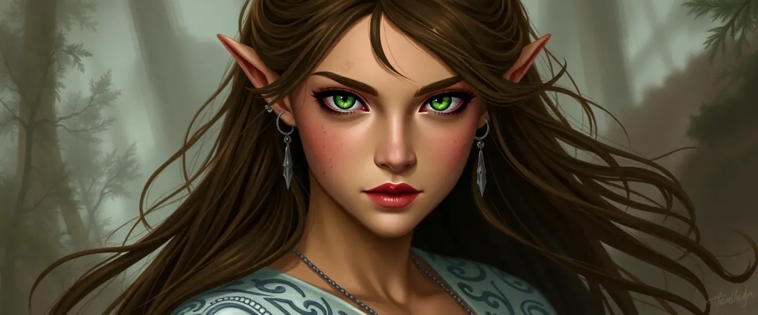 Half-elf princess, 25, brown hair, green eyes, white dress with silver embroidery, compassionate yet strong.