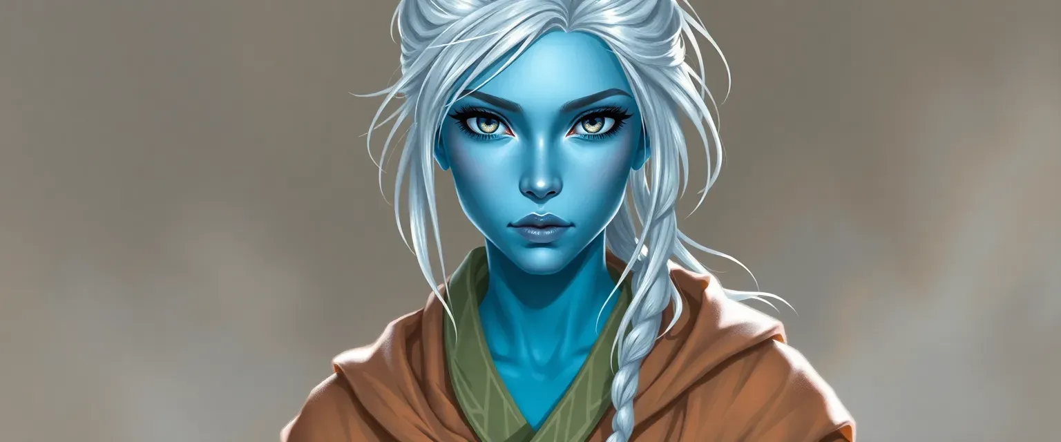 Sky-blue skinned air genasi woman with silver hair and gray eyes, wearing a dawn-hued monk's robe and a cloud sash.