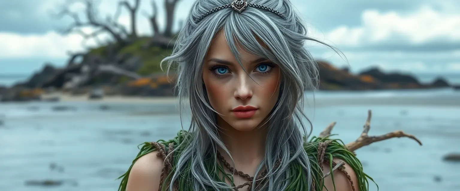 Gray-haired woman with piercing blue eyes, dressed in seaweed and driftwood, standing on a desolate island.