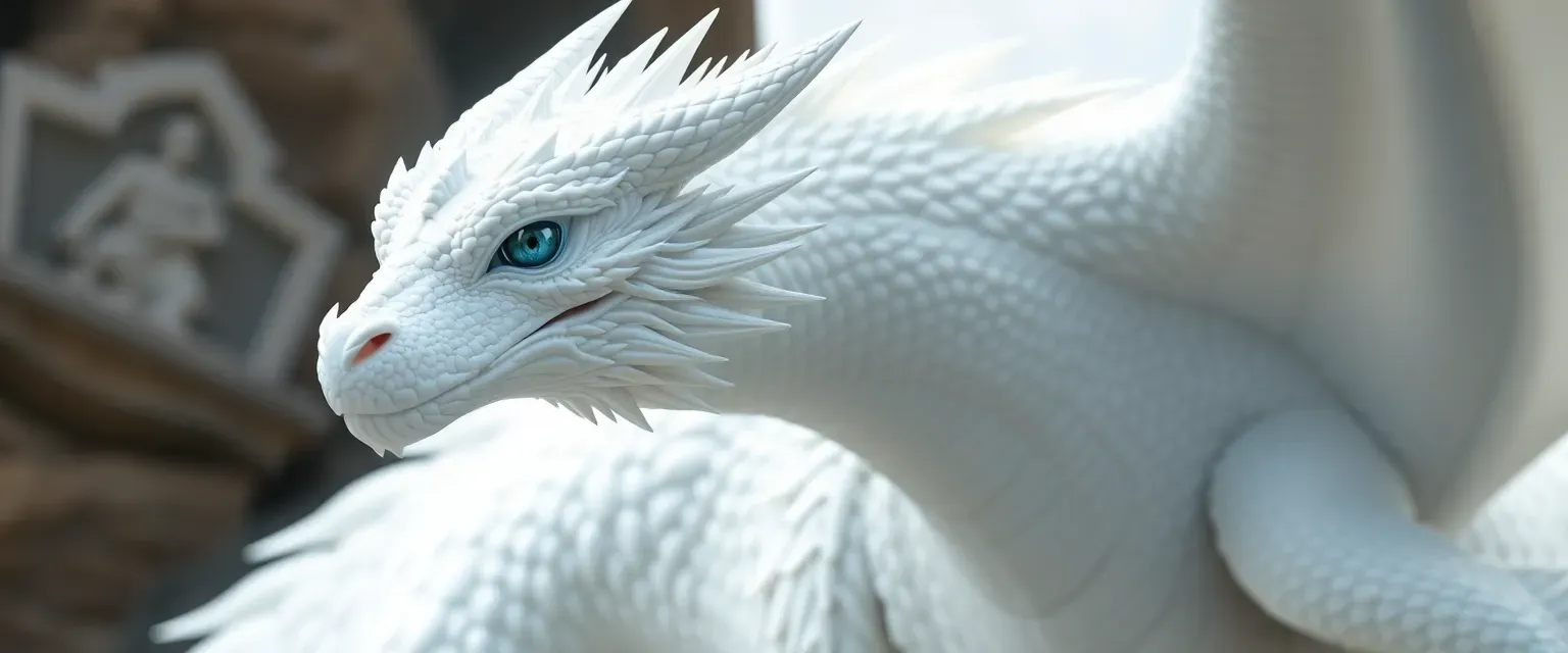Majestic white dragon with blue eyes, shimmering scales, and telepathic abilities.