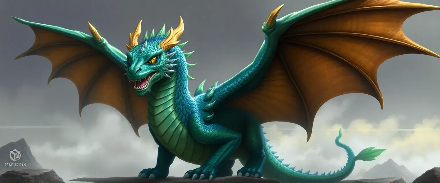 A majestic dragon with emerald and sapphire scales, golden eyes, and vast wings; a symbol of kindness and protection.