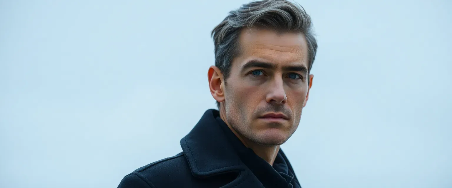 Tall, lean man with slate-gray eyes and meticulously kept hair, wearing a worn yet pristine black coat.