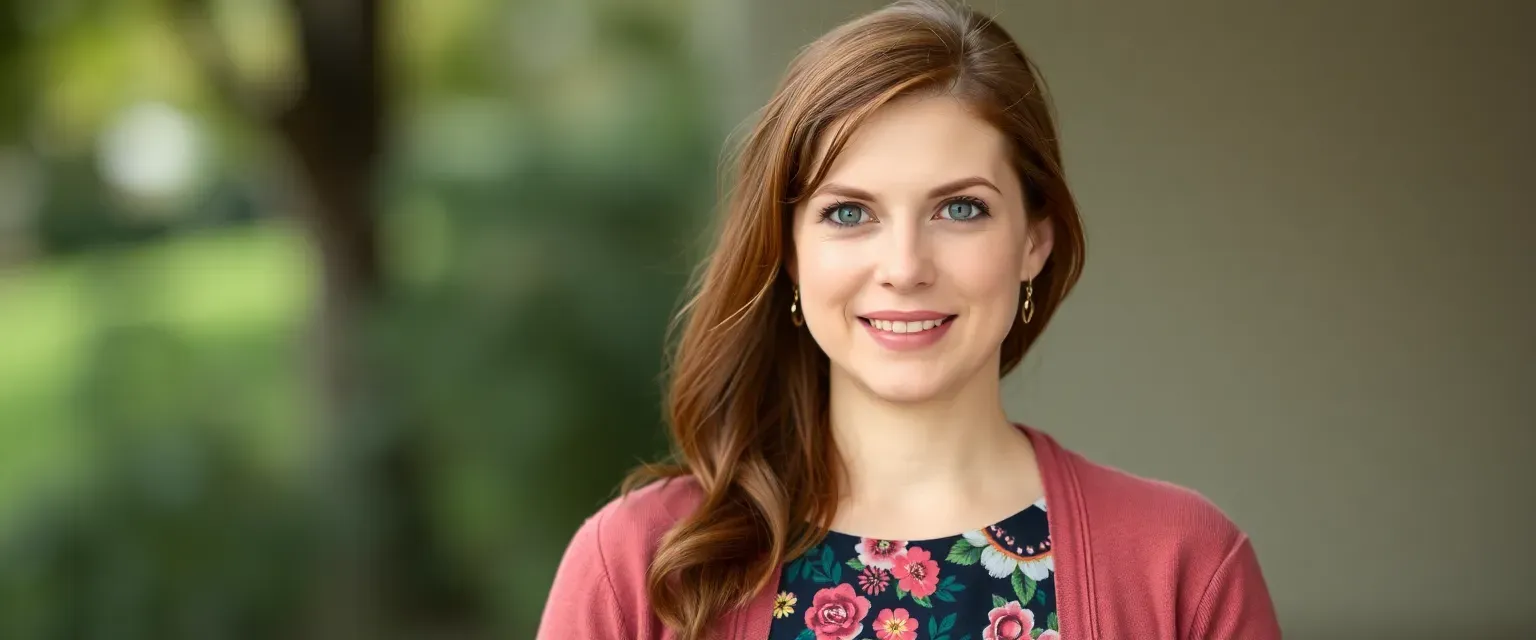 33-year-old woman with auburn hair and green eyes, wearing a floral dress and cardigan, ballet flats.