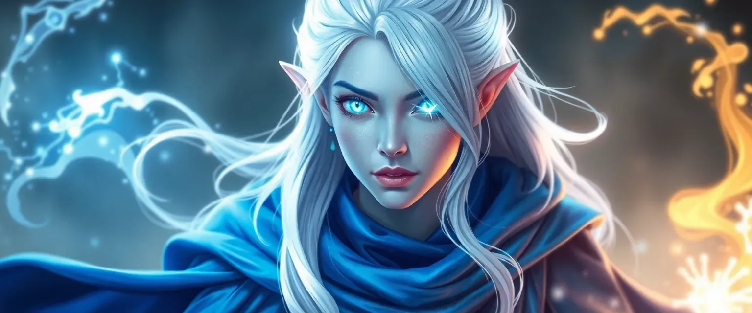 Silver-haired astral elf cleric, celestial blue robe, glowing star-like eyes, ethereal beauty.